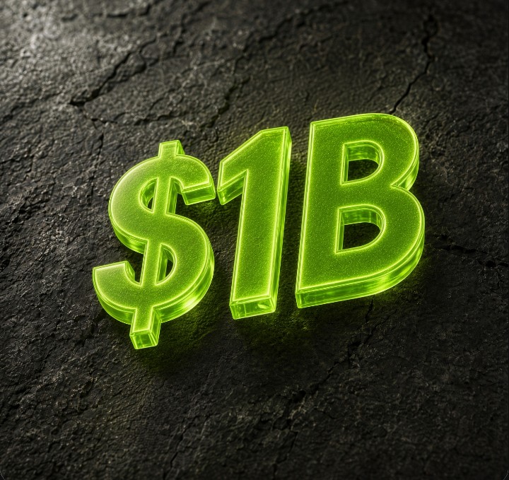 Neon $1B letters on cracked asphalt